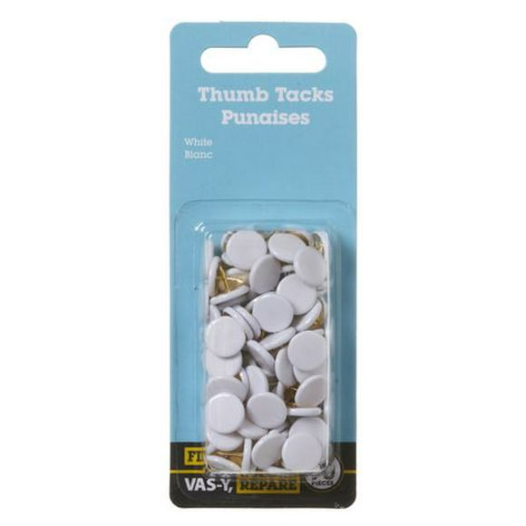 White Thumb Tacks 90 Pieces, Perfect for hanging items to bulletin boards, posters, wall charts, calendars.