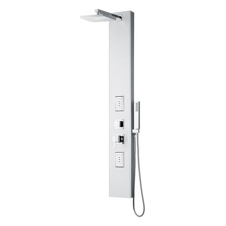 The akuaplus® LARA Aluminum shower panel with pressure balance cartridge and 4-way diverters cartridge, 2 body jets orientable with 2 different body jets and one hand shower, plus a 8 in (20 cm) shower head.