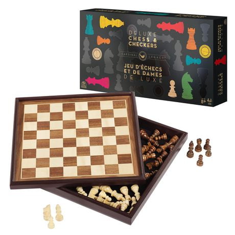 Legacy Deluxe Chess & Checkers Set, Classic Two Player Game Includes Folding Board with Solid Wood Playing Pieces, for Kids and Adults Ages 8 and up