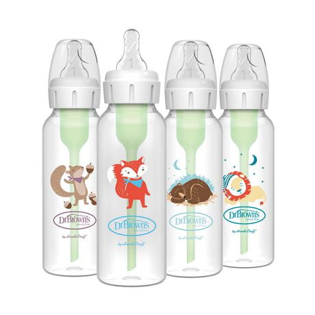 Dr. Brown's Anti-Colic Options+ Narrow Baby Bottle with Animal Designs, 8 oz, 4-Pack, 8 oz, 4 pack