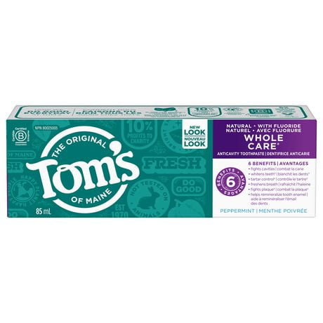 Tom's of Maine Whole Care Peppermint Natural Toothpaste with Fluoride, 85 mL