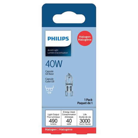 PHILIPS 40W Capsule G9 Base Halogen Light Bulb, 40W, G9, 490 lumens