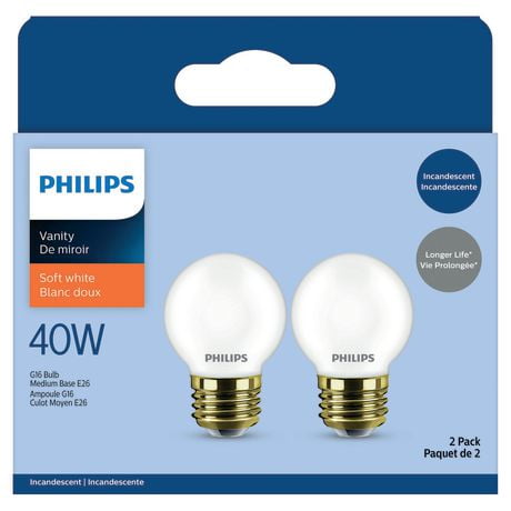 PHILIPS 40W G16.5 Medium Base White Globe Light Bulbs - 2 Pack, Soft white