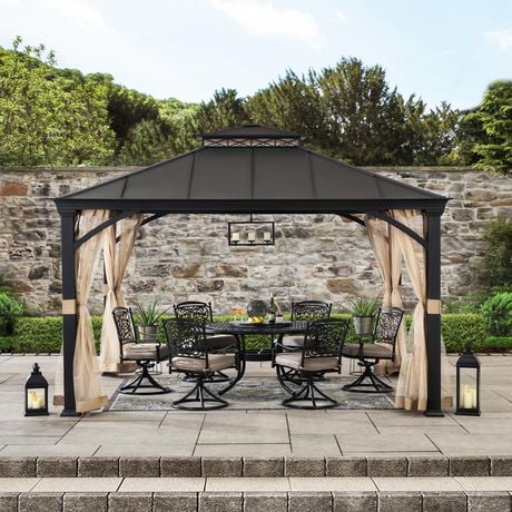 Sunjoy 10.5 ft. x 12.5 ft. Brown Steel Gazebo with 2-tier Hip Roof ...