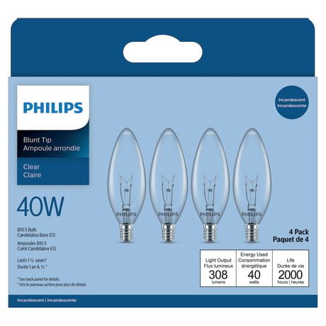 PHILIPS 40W B10 Candelabra Base Clear Chandelier Light Bulbs - 4 Pack, 380 lumens, B10.5