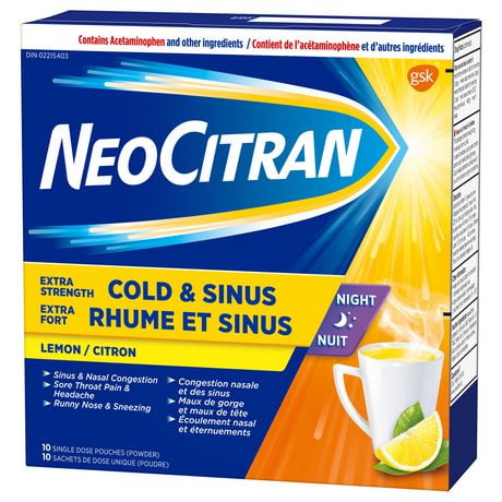 NeoCitran Extra Strength Cold & Sinus Night Lemon, 10 Pouches