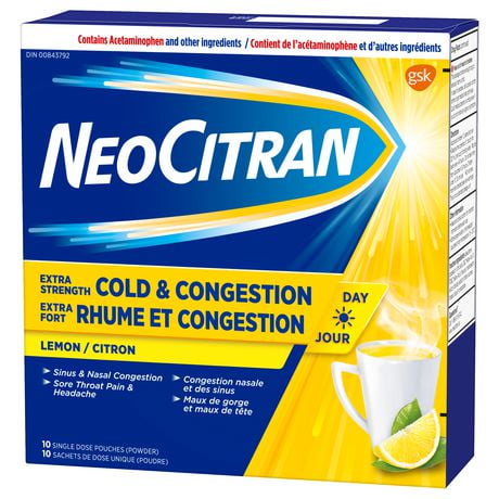 NeoCitran Citron Extra Fort Rhume et congestion Sans somnolence 10 sachets (poudre)