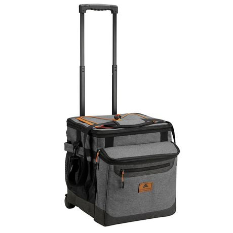 Ozark Trail 50-Can Collapsible Rolling Cooler with top access, multiple pockets, extension handle for easy pull and push, size: 14.57 in.x 11.82 in.× 14.17 in.