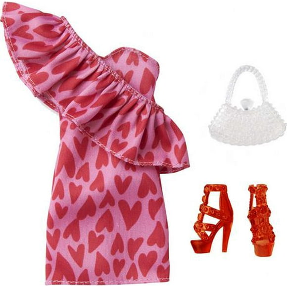 Barbie Fashion Pack with One-shoulder Heart Print Dress with Large Ruffle, Red Strappy High Heels & Purse Accessory, Doll Clothes for Kids 3 to 8 Years Old