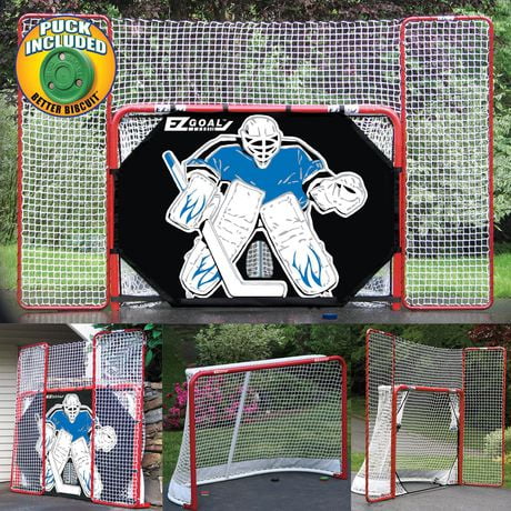 EZgoal Folding Steel Hockey Goal with Backstop - Shooter Tutor & Targets nets with bonus Puck