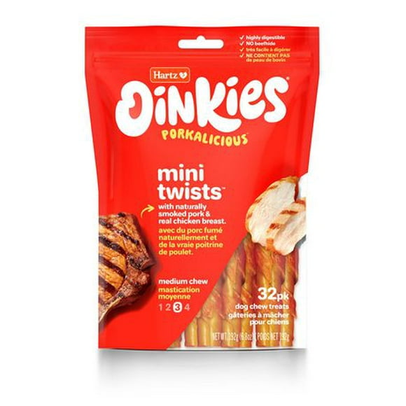 Hartz Oinkies Chicken Pig Skin Mini Twists Dog Treats, 32pk