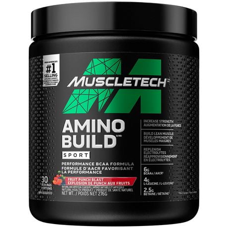 MuscleTech Amino Build Sport BCAA, Post Workout BCAA Amino Acid, Muscle Builder & Muscle Recovery Powder, Featuring L-Leucine & Betaine, BCAAs Amino Acids Supplement, Fruit Punch Blast (30 Servings), 30 serving, 276g