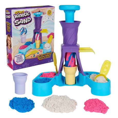 Kinetic Sand, Fabrique de glaces à l'italienne avec 396 g de sable à modeler (bleu, rose et blanc), 2 cornets de crème glacée et 2 outils, jouets sensoriels pour les enfants à partir de 5 ans Sable cinétique