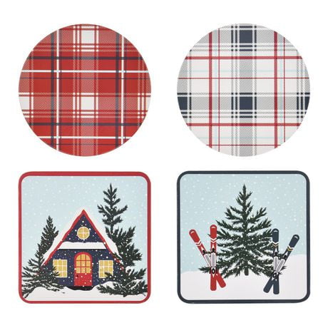 Holiday Time 4 Pack Christmas Pattern Cork Coasters, with Red & White Plaid, Table Protector Pad, 4 PACK COASTERS