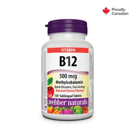 Webber Naturals® Vitamin B12 Methylcobalamin, Natural Cherry Flavour, 500 mcg, 120 Sublingual Tablets