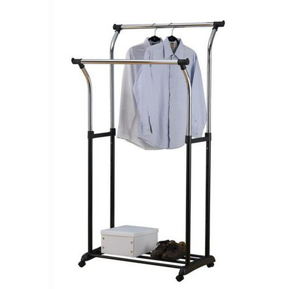 Mainstays Porte-vêtements réglable à double tige - Organisateur de vêtements à roulettes - Noir/Chrome Taille de l'article&nbsp;: 87.63cmx55.88cmx121.3-172.72cm