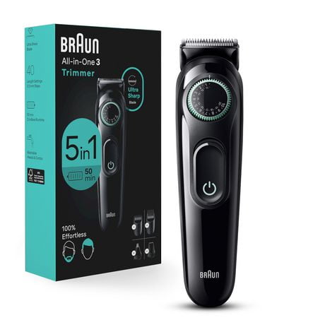 Braun All-In-One Style Kit Series 3 3450, 5-in-1 Trimmer for Men with Beard Trimmer, Ear & Nose Trimmer, Hair Clippers & More, Ultra-Sharp Blade, 40 Length Settings, Rechargeable 50-minute Battery Cordless Runtime and Washable, 1 CT