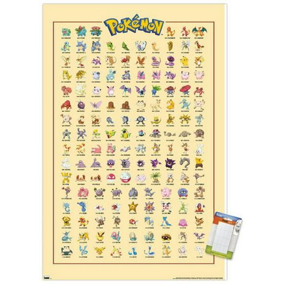 Pokémon – Grille Kanto 22,375" x 34" Affiche Murale avec Cadre Magnétique en Bois de Hêtre, par Trends International