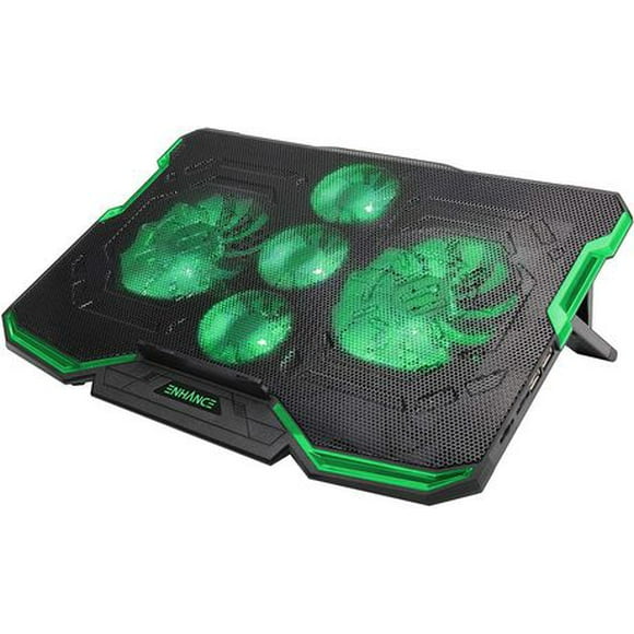 ENHANCE Cryogen Gaming Laptop Cooling Pad - Fits 17 in. Computer, PS4 - Adjustable Laptop Cooling Stand with 5 Quiet Cooler Fans, 2 USB Ports and LED Lighting - Slim Portable Design 2500 RPM, Green