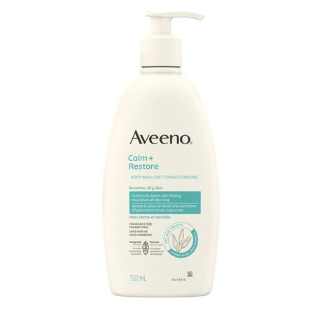 Aveeno Calm + Restore Body Wash, Anti Oxidant Oat, Aloe, Pro-Vitamin B5, Sensitive Dry Skin Care, Fragrance Free, 532-mL, 532 ML