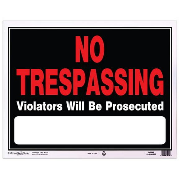 Affiche géante Hillman en plastique « No Tresspassing » en rouge/noir