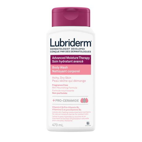 Nettoyant corporel Lubriderm Soin hydratant avancé, formule nourrissante non parfumée et hypoallergénique, avec procéramides, vitamine E et provitamine B5, nettoie délicatement la peau sèche qui démange