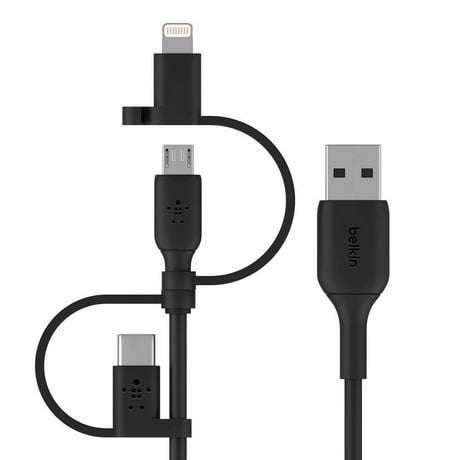 Belkin 3-in-1 Universal USB-A Cable - USB-C Cable, Lightning Cable, Micro-USB Charging Cable - Charging Cord Boost Charge Charger Designed for Apple iPhones & iPads, Galaxy, Tablet, Smartphone - Black, All in one cable