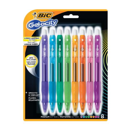 BIC Gel-ocity Original Retractable Gel Pen, Medium Point (0.7mm), Assorted, Comfortable, Contoured Grip, 8-Count. Smooth-writing, refillable retractable gel pen perfect for any occasion, Pack of 8