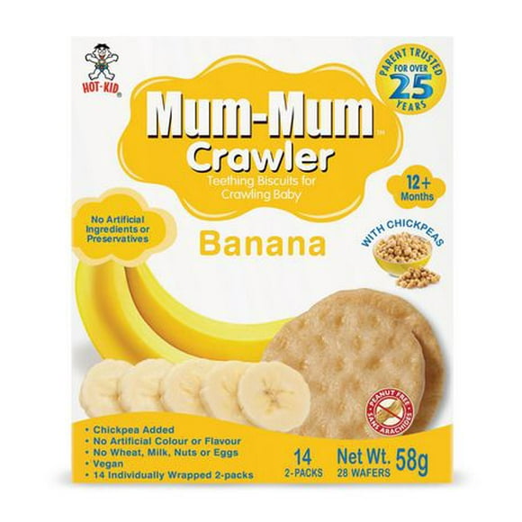 Mum-Mum Crawler Teething Biscuits for Crawling Baby - Banana Flavor, -Chickepea Added<br>-No Artificial Colour or Flavour <br>-No Wheat, Milk, Nuts, or Eggs<br>-Vegan<br>-14 Individually Wrapped 2-Packs