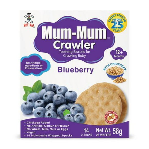 Mum-Mum Crawler Biscuits de dentition Pour Poupon - Bleuet -Ajout de pois chiches<br>-Aucune couleur ni saveur artificielle<br>-Ne contient aucun ble, lait, noix ou ceufs<br>-Vegetalien<br>-14 emballages individuels de 2 biscottes