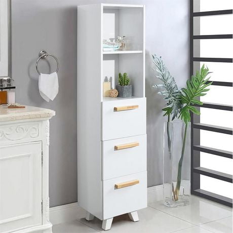 Homycasa Modern White Bathroom Cabinet with Open Shelving and Drawers, White