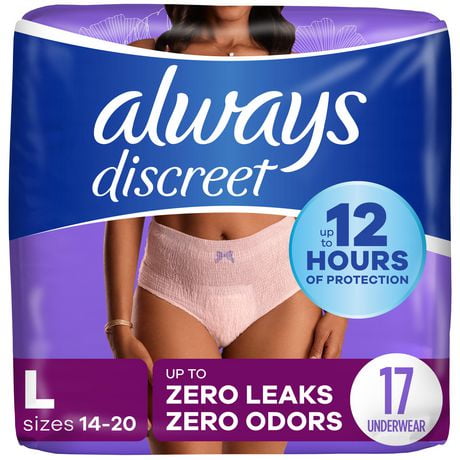 Culottes d’incontinence et de post-partum pour adultes Always Discreet, protègent jusqu’à 100 % contre les fuites urinaires, pour femmes, taille G, 17 culottes 17CT