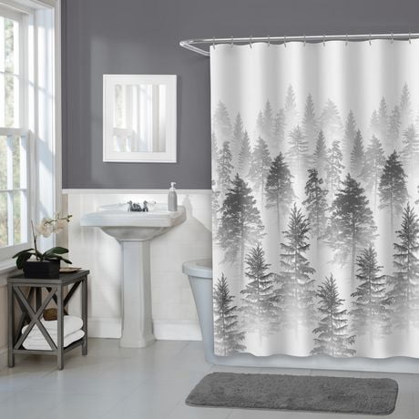 Rideau de douche en tissu Aspen Home Trends, 178 cm x 183 cm (70 po x 72 po), gris Motif de forêt de trembles majestueux