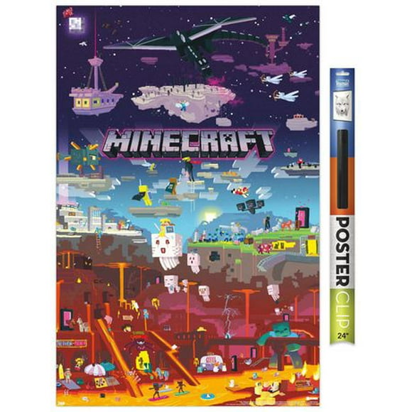 Minecraft - Monde au-delà 22,375" x 34" Affiche Murale avec Cadre Magnétique en Bois de Hêtre, par Trends International