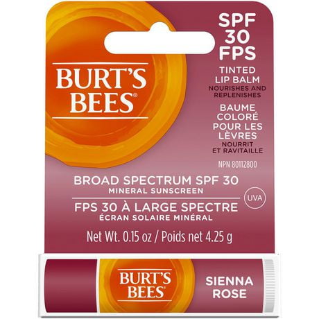Baume coloré pour les lèvres d’origine naturelle à 100 % de Burt’s Bees® avec écran solaire minéral à FPS 30, teinte Sienna Rose 1x 4,25g