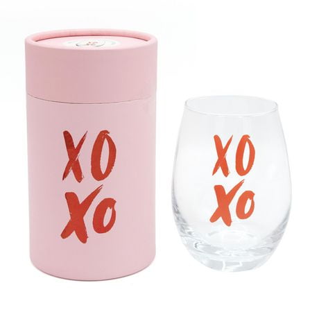 Way to Celebrate Valentine Wine Glass in a Pink Round Box Xoxo