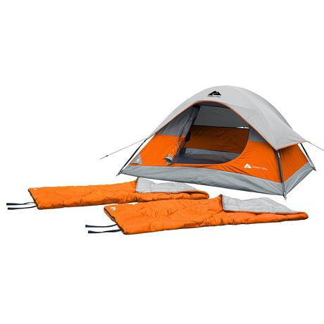 Ozark Trail 3-piece Camping Combo with rain fly, 2 adult sleeping bags, carry bag, Orange / Grey in colour, easy set-up