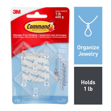 Command™ Jewelry Rack 17097CLR-EF, 2 Hooks, 3 Strips, 1 lb