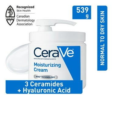 CeraVe Moisturizing Cream with 3 Ceramides and Hyaluronic Acid | Daily Face, Body and Hand Moisturizer for Normal to Dry Skin, Women & Men | Non-Comedogenic, Oil-free, and Fragrance Free - Travel Size, 539 G, Hyaluronic Acid