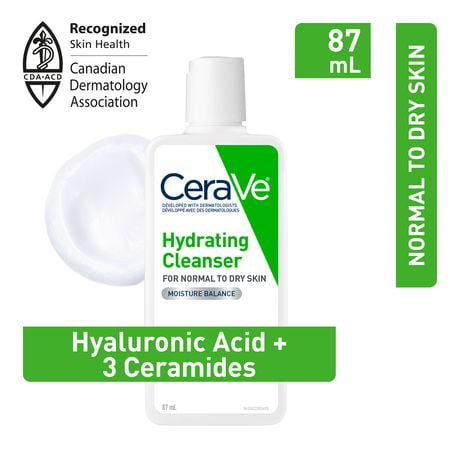 CeraVe Hydrating Facial Cleanser with Hyaluronic Acid and 3 Ceramides | Gentle Moisturizing Non-Foaming Facial Cleanser for Men & Women | Daily Face Wash for Normal to Dry Skin | Fragrance Free, Travel Size, 87 mL, Hyaluronic Acid, and 3 Ceramides