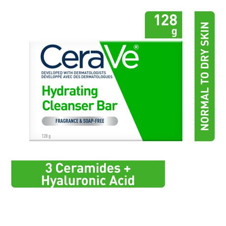 CeraVe Hydrating Cleansing Bar Soap-Free Body and Face Cleanser Bar with Hyaluronic Acid and 3 essential Ceramides Fragrance Free & Non-Irritating, 128 Grams, Hydrating Cleanser Bar