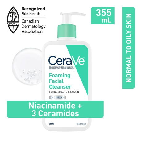CeraVe Gentle Foaming Facial Cleanser With Niacinamide, Hyaluronic Acid and 3 Ceramides | Makeup Remover, Helps Prevent Clogged Pores & Control Oil and Sebum | Daily Face Wash for Normal to Oily Skin, Men & Women | Non-Comedogenic, Fragrance Free, 355 mL, Niacinamide, Hyaluronic Acid, and 3 Ceramides