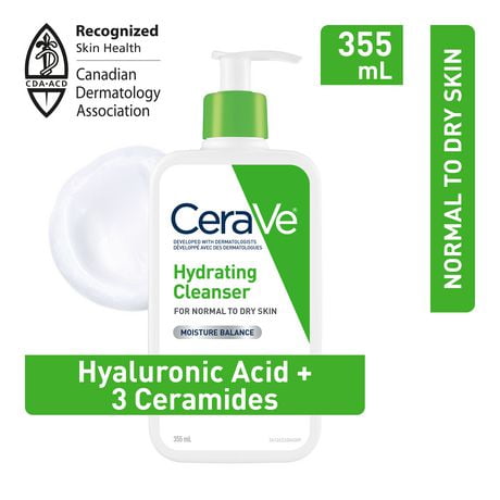 CeraVe Hydrating Facial Cleanser with Hyaluronic Acid and 3 Ceramides | Gentle Moisturizing Non-Foaming Facial Cleanser for Men & Women | Daily Face Wash for Normal to Dry Skin | Fragrance Free, 355 mL, Hyaluronic Acid, and 3 Ceramides