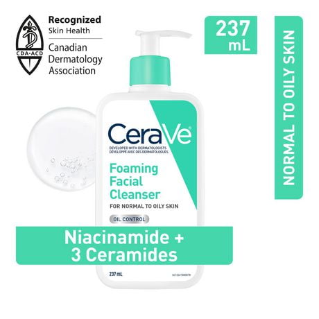 CeraVe Gentle Foaming Facial Cleanser With Niacinamide, Hyaluronic Acid and 3 Ceramides | Makeup Remover, Helps Prevent Clogged Pores & Control Oil and Sebum | Daily Face Wash for Normal to Oily Skin, Men & Women | Non-Comedogenic, Fragrance Free, 237 mL, Niacinamide, Hyaluronic Acid, and 3 Ceramides