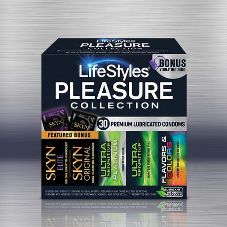 Lifestyles Pleasure Collection Lot de 30 préservatifs lubrifiés Ultra Sensifs, saveurs et couleurs, Skyn Elite, Skyn Original + anneau vibrant