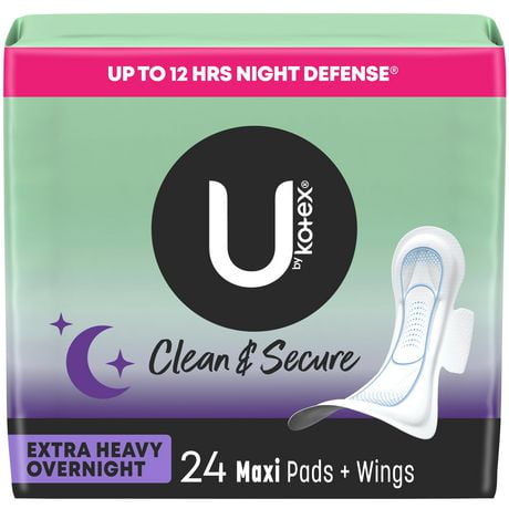 Serviettes maxi de nuit U by Kotex Clean & Secure avec ailes, absorption très élevée, non parfumées 24 Unités