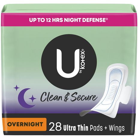 U by Kotex Clean & Secure Ultra Thin Overnight Pads with Wings, 28 Count