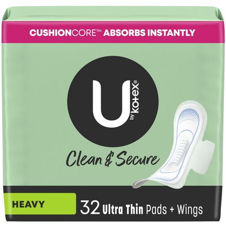 U by Kotex Clean & Secure Ultra Thin Pads with Wings, Heavy Absorbency, 32 Count