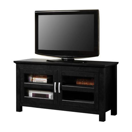 We Furniture Black Wood TV Stand with Glass Doors ...