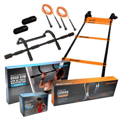 IBF Iron Body Fitness H.I.I.T. Kit for High-Intensity Interval Training - Five-piece Set with Door-mounted Pull-up Bar, Ankle/Wrist Weights, Speed Ladder & Skipping Ropes - Ideal for Sports Training - Soccer, Basketball, Football, Baseball & more